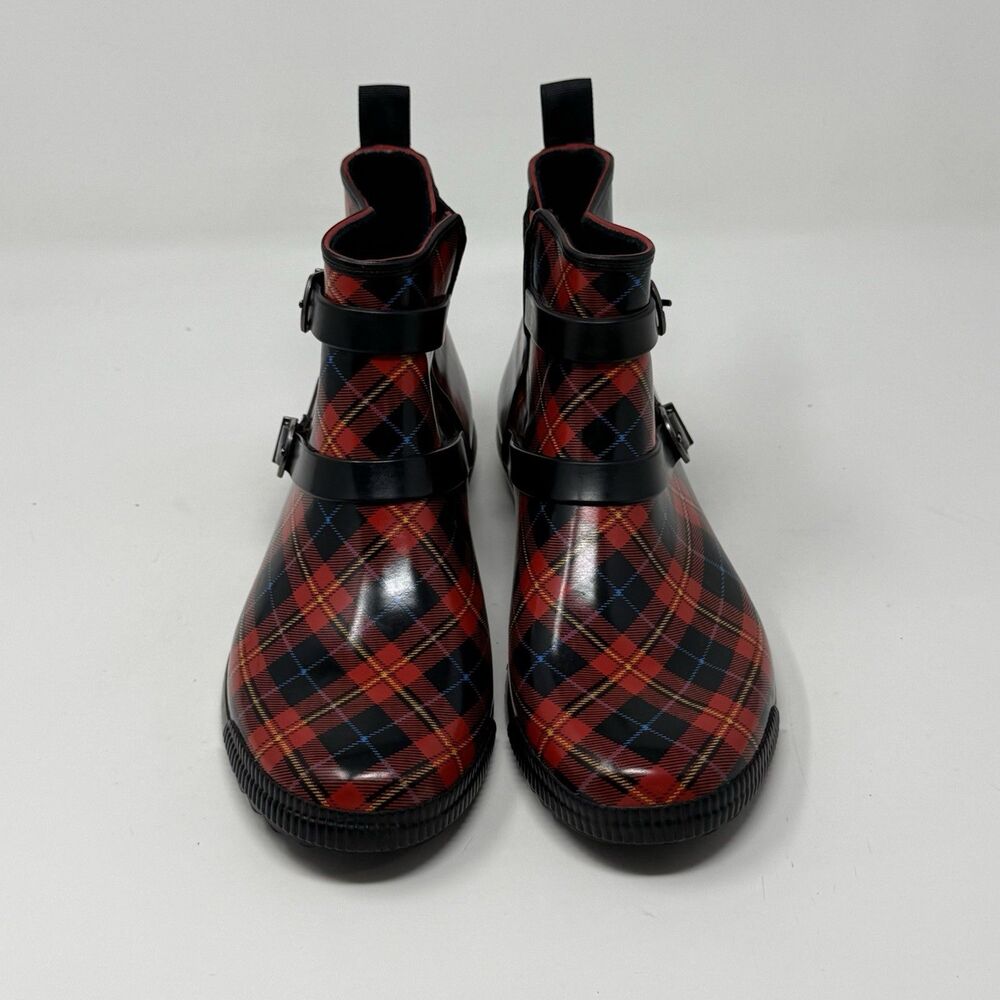 Cougar Royale Rubber Boots Womens 8 Red Black Tartan Plaid Rain Ankle Bootie - Picture 6 of 15